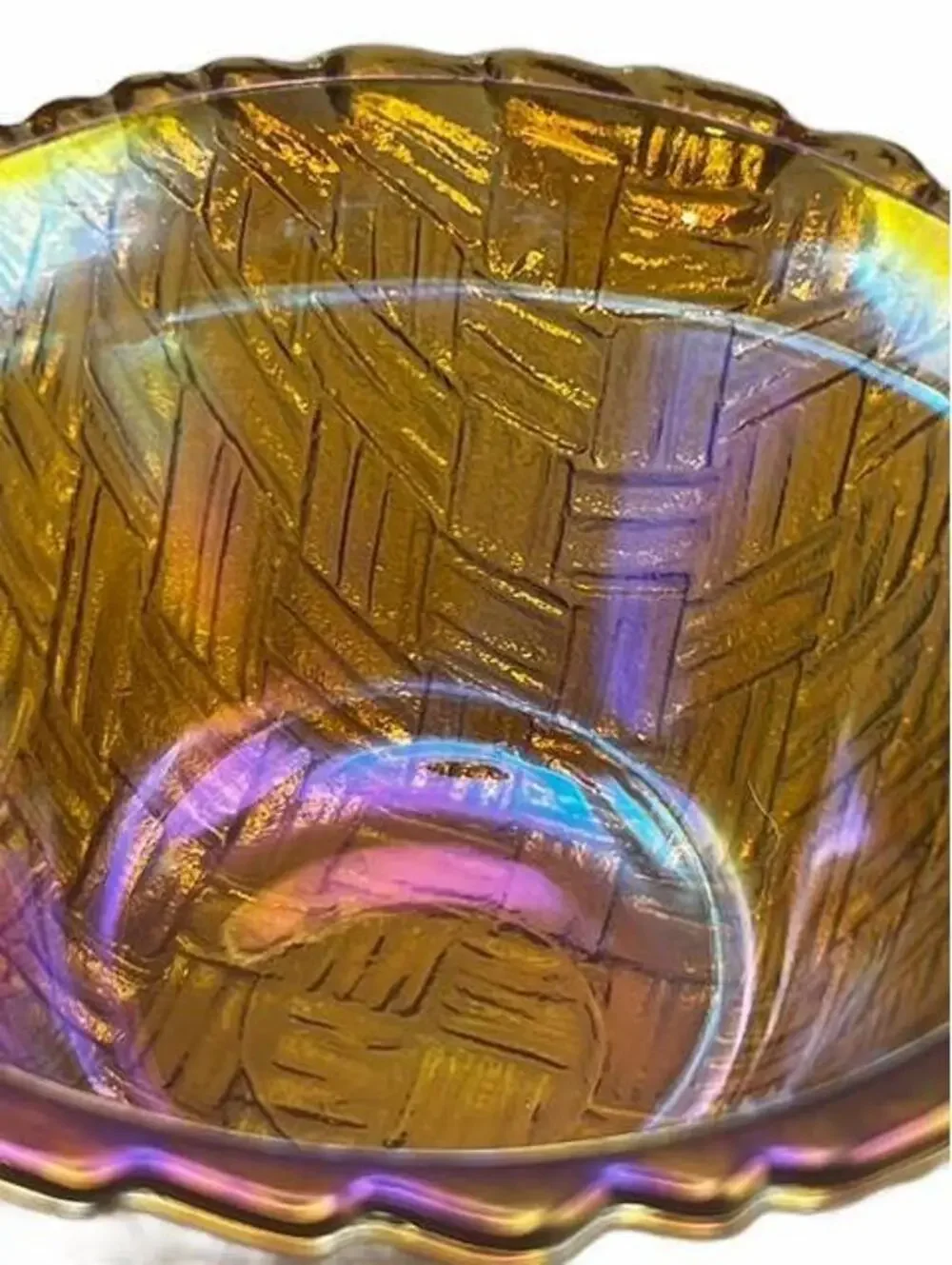 Vintage Indiana Glass Marigold Carnival Glass Basketweave Bowl 2.5
